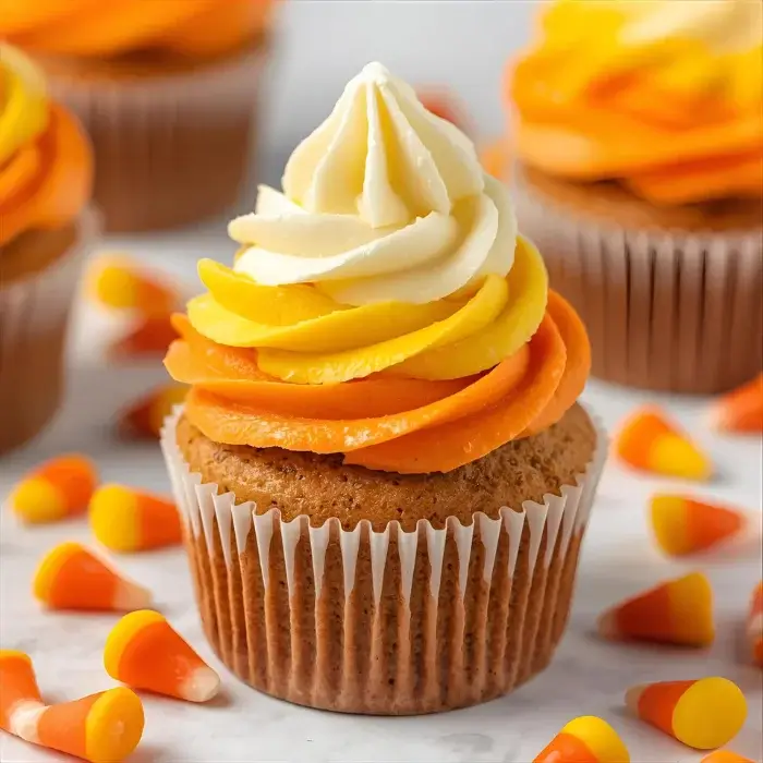 Pumpkin Cupcakes with Candy Corn Buttercream
