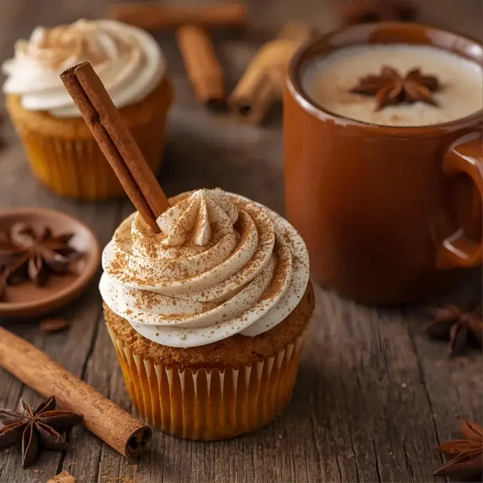 Vanilla Chai Pumpkin Latte Cupcakes with Cinnamon Brown Sugar Frosting